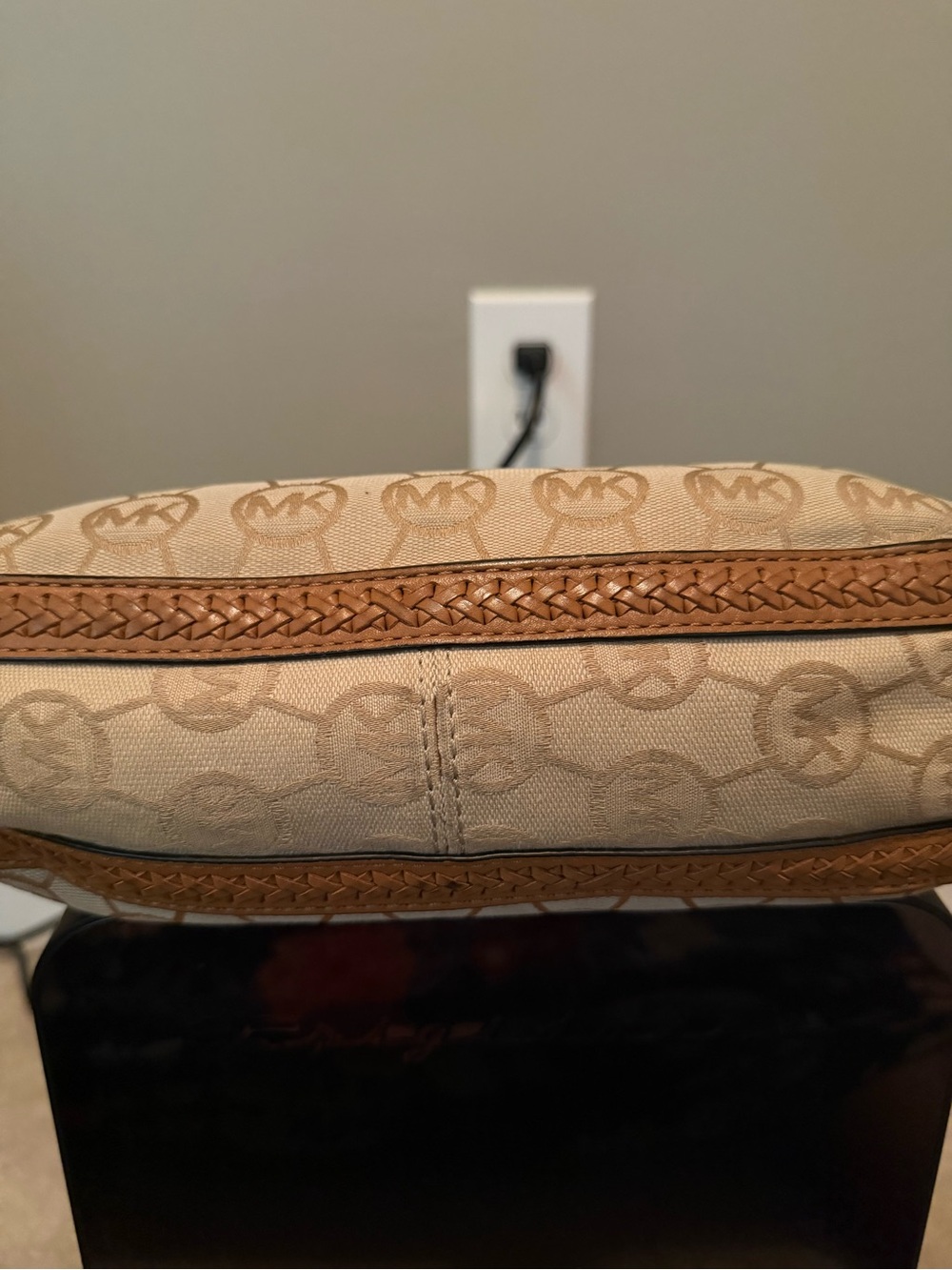 Michael Kors Beige Canvas Crossbody with Tan Braided Trim